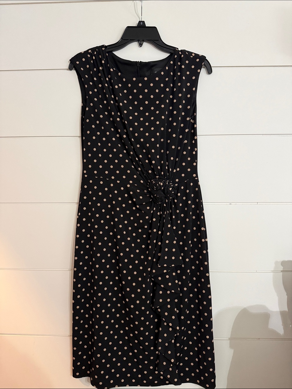 connected apparel Black Dress with Beige Polka Dots and Rosette Detail